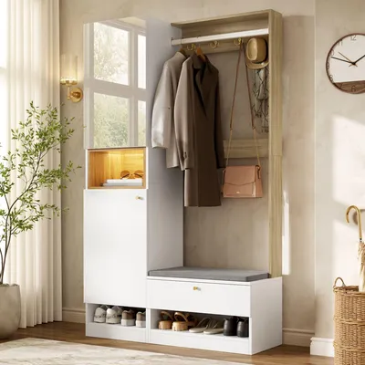 Image de Ensemble de rangement Merax, comprenant un portant avec miroir et banc, une armoire d'entrée avec éclairage LED, 3 portes, une barre de suspension et des crochets, de couleur blanche et bois naturel