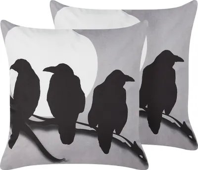 Obrázek produktu pro BELIANI Sada 2 Dekorativních polštářů šedý samet 45 x 45 cm motiv vrány čtvercový moderní minimalistický podzim bytové doplňky