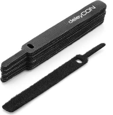 Produktbild von deleyCON 10x Klett Kabelbinder 11,5cm Klettband 12mm Breit Kabelmanagement Kabelorganizer Klettkabelbinder Klettverschluss Schwarz