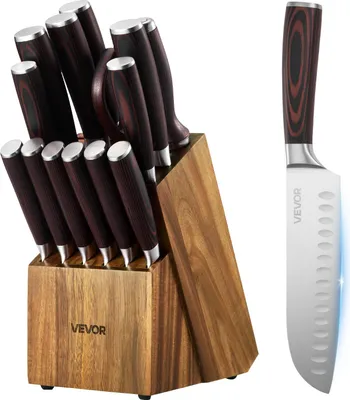 Produktbild von VEVOR Küchenmesserset mit Messerblock (Holz) & Wetzstahl, 15-tlg. Messerset, scharfe Messer aus hochkohlenstoffhaltigem Edelstahl, Küchenbesteck mit ergonomischem Griff, für Zuhause