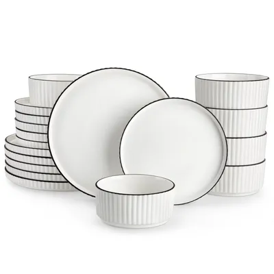 Image de MALACASA, ensemble de vaisselle en porcelaine de 18 pièces, service combiné avec une bordure noire, comprenant : 6 assiettes plates, 6 assiettes à dessert, 6 bols