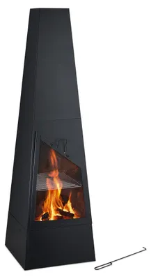 Produktbild von Relaxdays Gartenkamin mit Grillfunktion, HBT: 149x44,5x44,5 cm, Funkenschutz, Aschekasten & Schürhaken, Kamin, schwarz