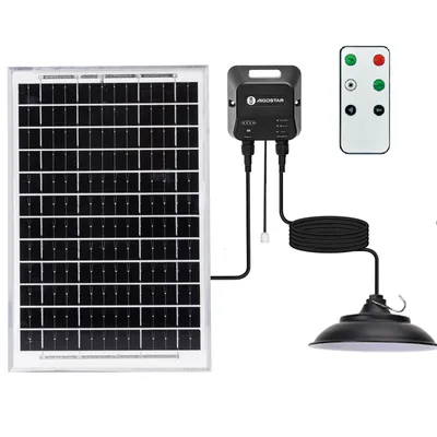 A solar-powered hanging lamp kit, including a solar panel, control box, remote, and lamp, displayed against a white background.