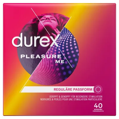 A box of Durex Pleasure Me condoms with a graphic of a woman's face and abstract patterns.