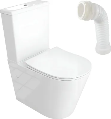 A white toilet and a flexible drain pipe are shown against a white background.