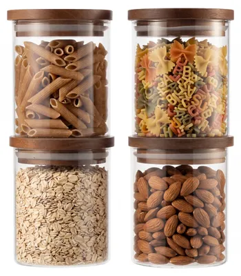 Immagine prodotto di Omgoods - Set di 4 contenitori per alimenti in vetro borosilicato da 600 ml con coperchio in legno