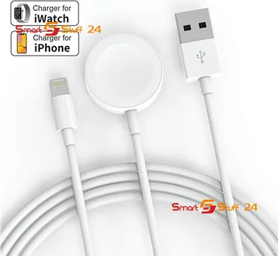 A white Apple Watch charger and iPhone charger cable are laid out on a white background.