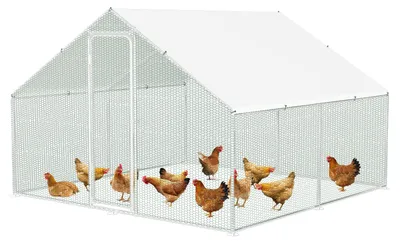 Image de Poulailler Ikodm avec enclos extérieur couvert, 3 x 3 x 2 m, en acier galvanisé, pour volaille