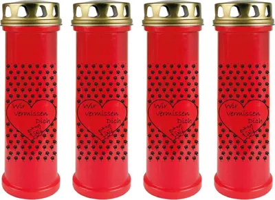 Produktbild von Grabkerze Rot 4er Pack, Brenndauer: 100 Stunden ( je Kerze ), Motiv: Herz Pfote