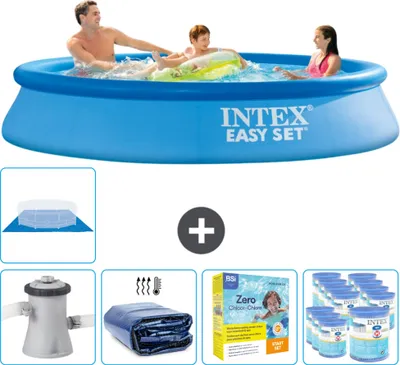 Produktbild von Intex runder aufblasbarer Easy Set-Schwimmpool – 305 x 61 cm – Blau – inklusive Pumpe Sonnensegel - Wartungspaket - Filter - Bodenplane