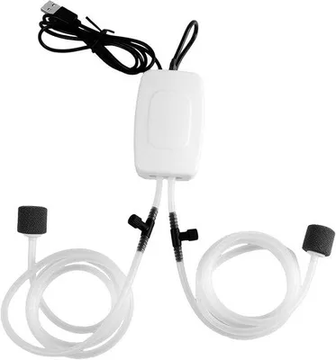 Obrázok produktu pre Mini kyslíkovo-airátor do akvária s dvojitým vzduchovým kameňom – energeticky úsporné kyslíkové čerpadlo s výkonom 1 W, prenosné s hadicou, vzduchový kameň do akvária, stabilný prúd kyslíka pre akváriá