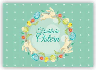 Produktbild von Lustige Osterkarte mit Hasen Osterkranz auf Punkten: Fröhliche Ostern