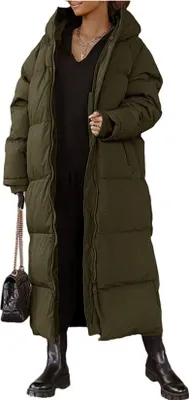 Produktbild von ASKSA Damen Wintermantel Lange Puffer Daunenjacke Gesteppter Mantel Kapuze Oberbekleidung, Armeegruen, 2XL
