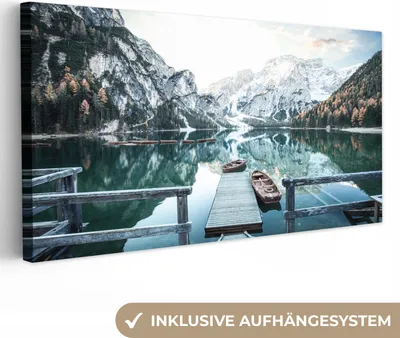 Produktbild von MuchoWow® - Leinwandbilder - Natur - Berge - Schnee - Wald - Boot, Wandbild, Wanddeko Bilder Wohnzimmer, 80x40cm