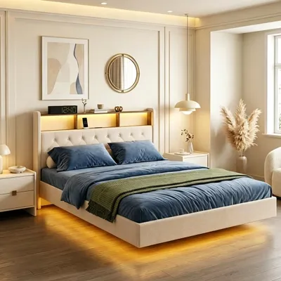 Produktbild von BEALIFE Polsterbett 140x200 cm mit Lattenrost | Geräuscharmes Schwebebett, Kopfteil mit Ablage | Beige/Dunkelgrau | AF19