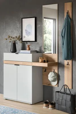 Produktbild von Garderobe Set 3-teilig "Janko" in grau und Evoke Eiche 140 x 194 cm, Soft-Close