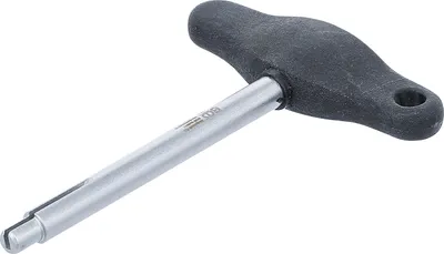 A T-handle tool with a silver shaft and a black handle, isolated on a white background.