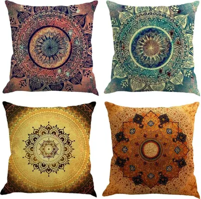 Produktbild von 4er-Set Mandala-Kissenbezüge, böhmisches Nachbildung, quadratisch, 45 x 45 cm, Boho-Kissen für Zuhause, Sofa, Schlafzimmer, Auto, florales Design, Outdoor
