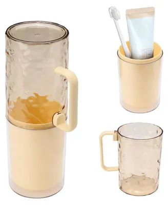 Immagine prodotto di Custodia da viaggio per spazzolino e dentifricio, contenitore per bicchieri, manico removibile, colore ambra, materiali: PET/PP