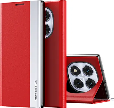 A red flip case for a smartphone is shown from the side and from the back, with the phone's camera module visible.