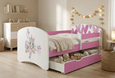 Image de Ensemble de lit pour enfant Happy Babies avec matelas, tiroir et barrière de sécurité, 70 x 140 cm, lits pour filles et lits pour garçons, motif coloré,
