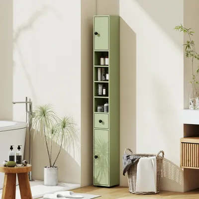 Zdjęcie produktu dla Szafka wielofunkcyjna 180x20x20 cm – Wysoka szafka łazienkowa z 2 drzwiami, 1 szufladą i 4 przegródkami, z regulowanymi półkami, wyposażona w zabezpieczenie przed przewróceniem, kolor: zielony