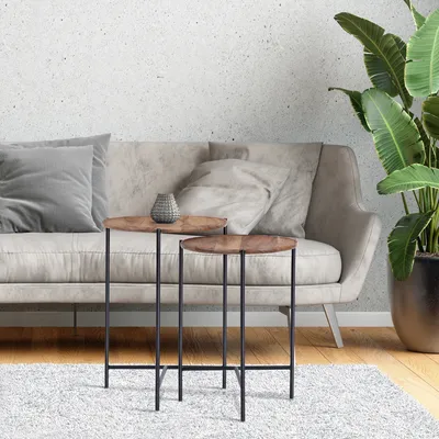 Obrázek produktu pro WOMO-DESIGN sada 2 stolků, Ø 40x55cm/Ø 35x50cm, přírodní černá, ruční výroba, rám z masivního dřeva/kovu