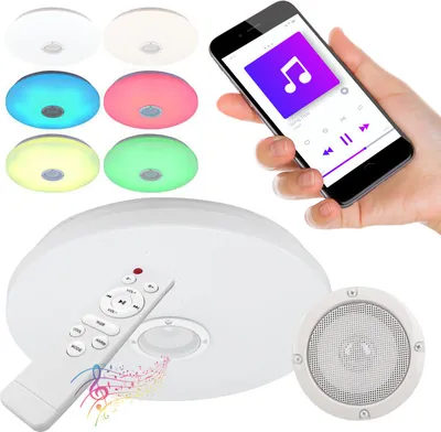 A collage of product images, including a smartphone displaying a music app, several colored lights, and the main product with a remote control and speaker.
