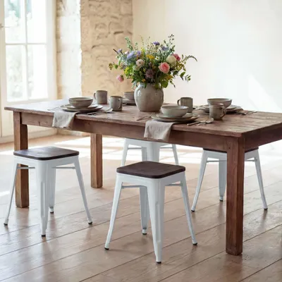 Produktbild von 4er-Set Hocker MCW-A73 inkl. Holz-Sitzfläche, Metallhocker Sitzhocker, Metall Industriedesign stapelbar  weiß