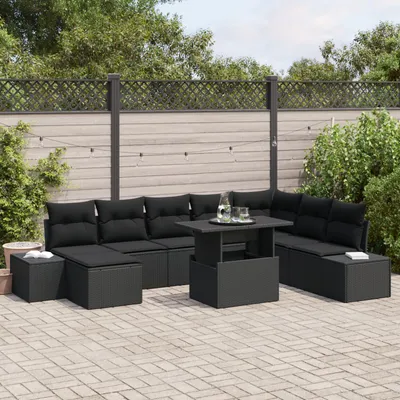 Produktbild von ZMH Garten Sofa Set Set aus 9 Schwarz Rattan, Polyesterkissen