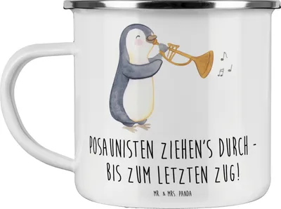 Produktbild von Mr. & Mrs. Panda Emaille Tasse Trombone Durchzieher - Weiß - Geschenk, Musik, Trombonist, Campingtasse, Lernen, Musiker, Zugmechanismus, Pott, Motivtasse, Leidenschaft