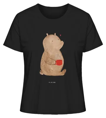 Produktbild von Mr. & Mrs. Panda Oberteil Damen Bär Morgenkaffee Größe S - Schwarz - Geschenk, Sommershirt, für Frauen, Valentinstag, Hochzeitstag, Freundin, Partner, Kurzarmshirt