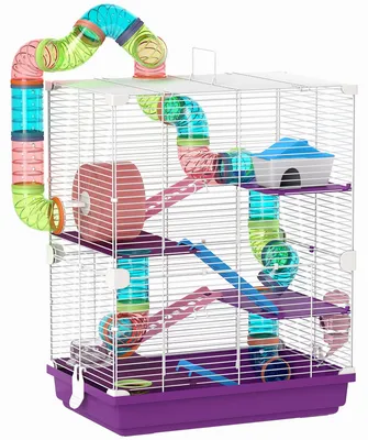 Image de Cage pour hamster rongeur 4 šŠtages avec tunnels mangeoire roue maison šŠchelles 46 x 30 x 58 cm violet