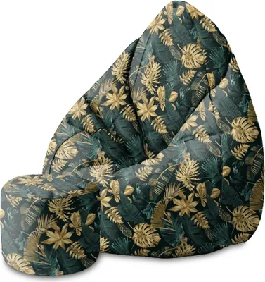 Produktbild von Dreamroots Bean Bag 80x80x120cm Sitzsack mit Lehne und Hocker und Bezug Sitzsack mit Füllung Sitzsack Erwachsene mit Füllung Monstera Gold Green