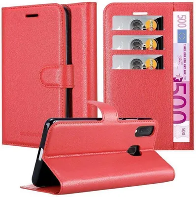 A red flip case for a smartphone, showing the inside with card slots and a banknote.
