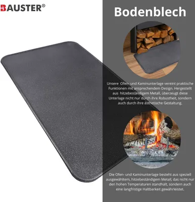 A product image showing a black floor plate for a stove or fireplace, with accompanying marketing text and detail shots.