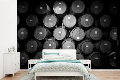 Produktbild von MuchoWow® Fototapete für Wohnzimmer oder Schlafzimmer Wandtapete Vinyl Motivtapete Weinfässer in einem Weinkeller - schwarz und weiß - 390x260 cm - Papiertapete