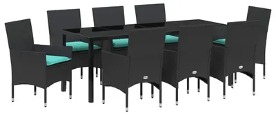 Image de Ensemble de table et de chaises avec coussins vidaXL, 9 pièces, rotin PE noir