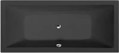 A top-down view of a black rectangular bathtub.