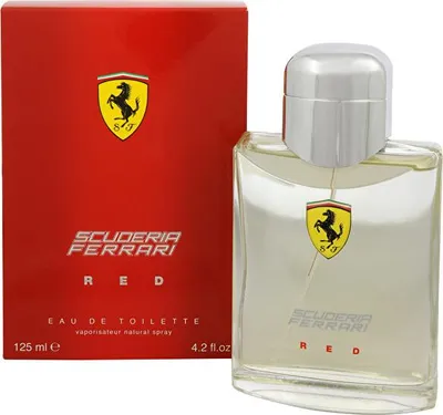 A product shot of Ferrari Scuderia Red eau de Toilette for men, with the product box and bottle displayed side-by-side against a white background.