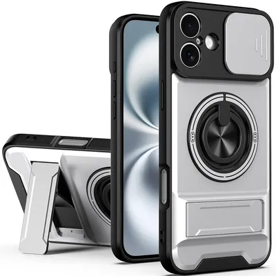 Obrázek produktu pro Magnetické pouzdro pro iPhone 16 Plus Ochranné pouzdro s posuvným krytem fotoaparátu a kroužkovým stojánkem Stříbrná