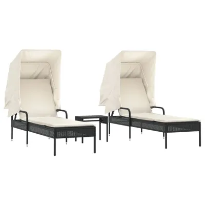 Produktbild von Sonnenliegen 2 Stk. mit Dach und Tisch Schwarz Poly-Rattan