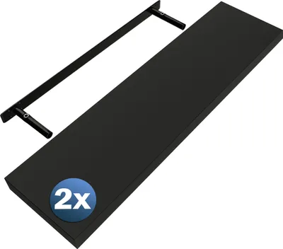 A black shelf and its mounting bracket are shown against a white background.