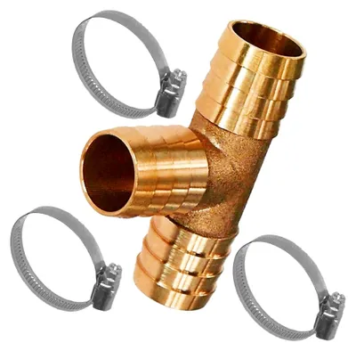 Produktbild von T-Stück Schlauchverbinder aus Messing mit Außendurchmesser 19 mm 3/4" Zoll und 3 Edelstahl Schellen für Gartenschläuche