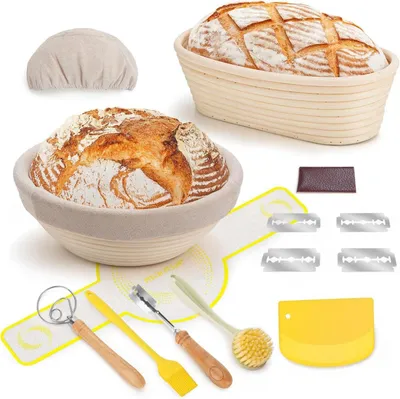 Produktbild von Gärkorb Set aus Peddigrohr zum Brot backen - Brotkörbchen mit Zubehör (23cm rund & 25cm
