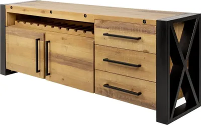 Produktbild von Buffet CAVARA 195 cm – Massives Kiefernholz in Vintage-Braun und schwarzes Metall – 2 Türen, 3 Schubladen und Flaschenregal