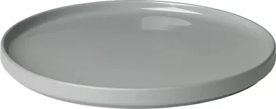 A gray ceramic plate is shown from a slightly elevated angle against a white background.
