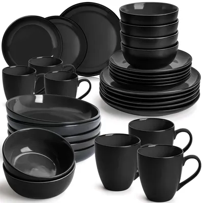 Produktbild von Geschirrset Keramik Tafelservice - 30-teilig - Für 6 Personen - Schwarz - Matt Schwarz - Für den Alltag und besondere Anlässe