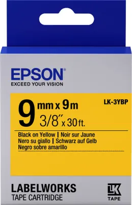 Produktbild von Epson Etikettenkassette LK-3YBP - Pastell - schwarz auf gelb - 9mmx9m, Schwarz auf gelb, Japan, LabelWorks LW-1000P LabelWorks LW-300 LabelWorks LW-400 LabelWorks LW-400VP LabelWorks LW-600P..., 9 mm, 9 m, 1 Stück(e)