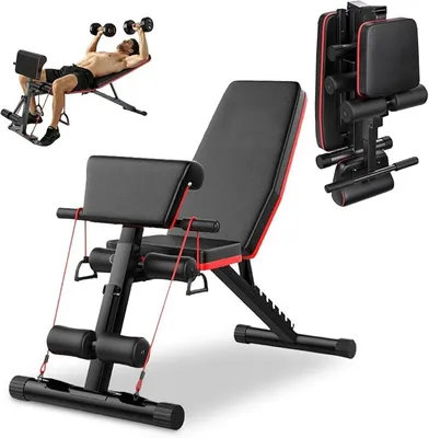 Produktbild von Multifunktionale Hantelbank, Verstellbare Trainingsbank mit Beinstrecker, Curlpult und Roman Chair, Klappbare Fitnessbank für Ganzkörpertraining, Belastbar bis 454 kg